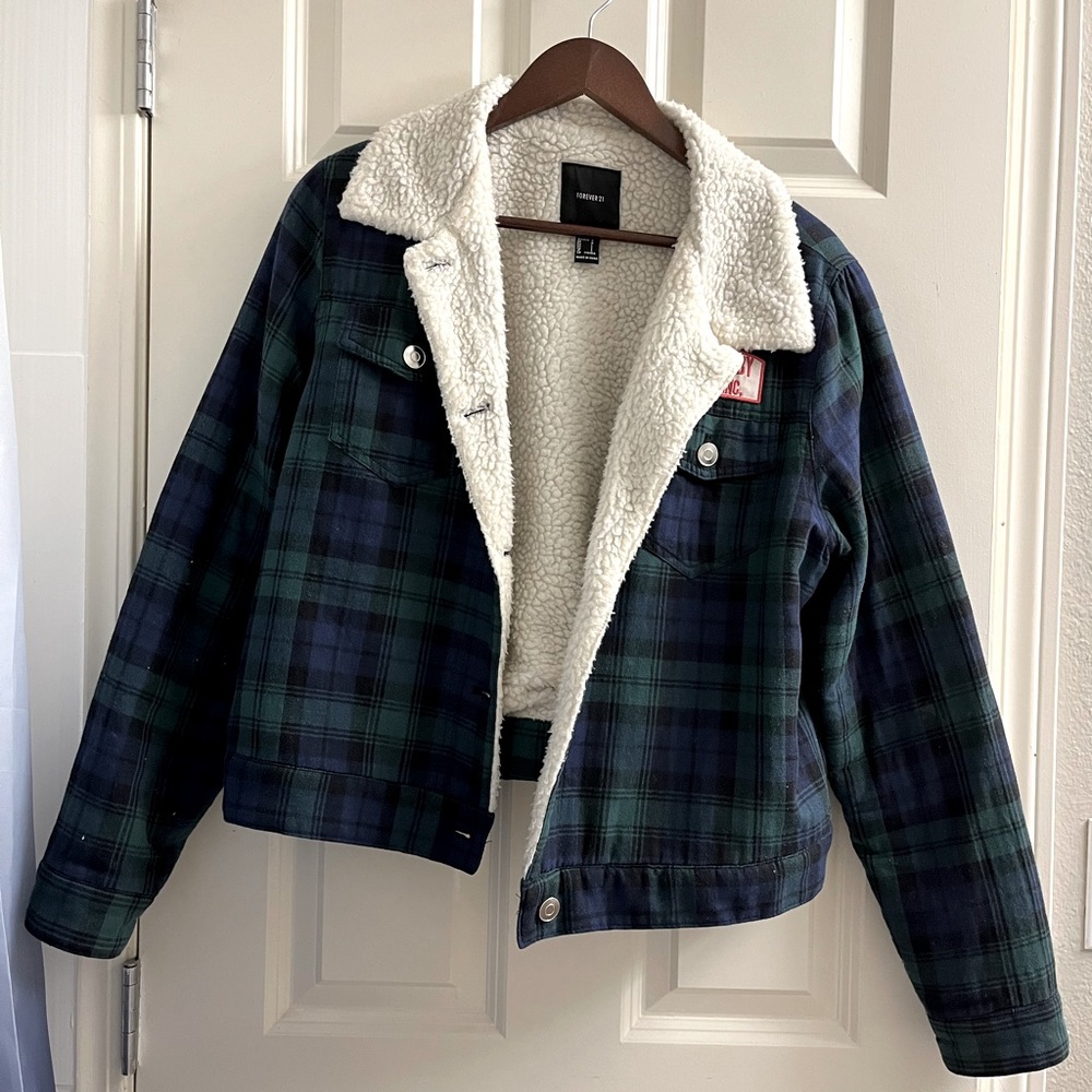 Blue/Green Plaid Sherpa Trucker Jacket